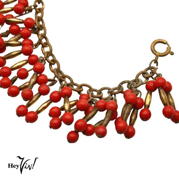 Vintage Charm Bracelet w Dangling Sets of Red and Gold Beads 7" Long - Hey Viv - Picture 4 of 6